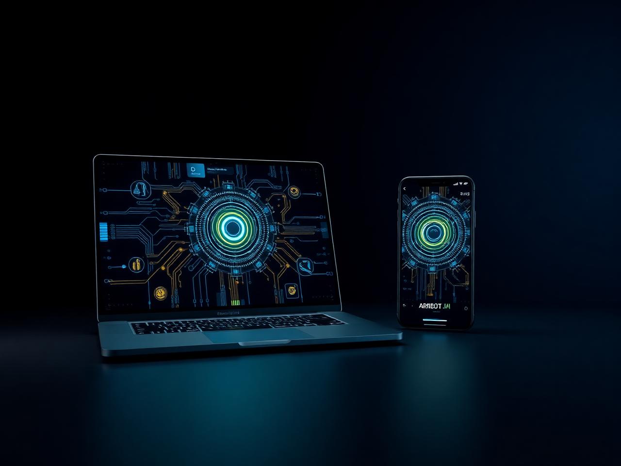 Mockup de laptop e celular exibindo interface de IA